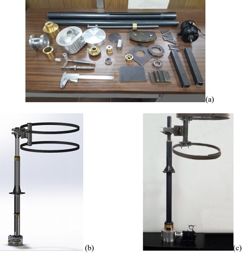 a) Diversos componentes del sistema mecánico de elevación; b) sistema diseñado en Solid Works; c) sistema construido.