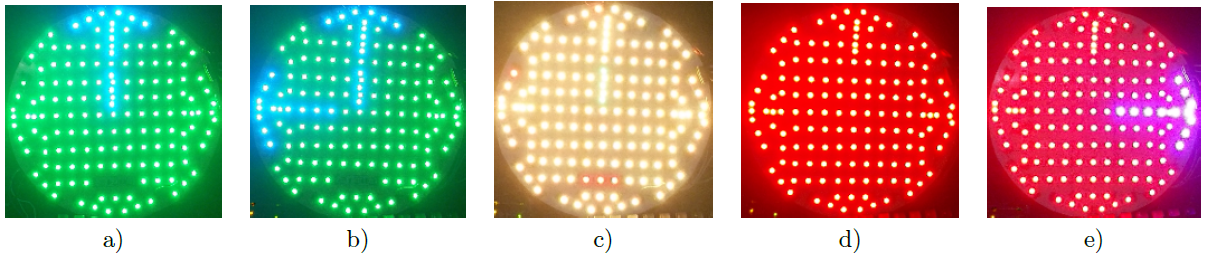 Esta imagen muestra los cinco posibles estados del semáforo: a) verde con flecha hacia a delante, b) verde con paso hacia adelante y vuelta a la izquierda si es que existe, c) preventivo parpadeante, d) alto y e) vuelta a la derecha si es que existe