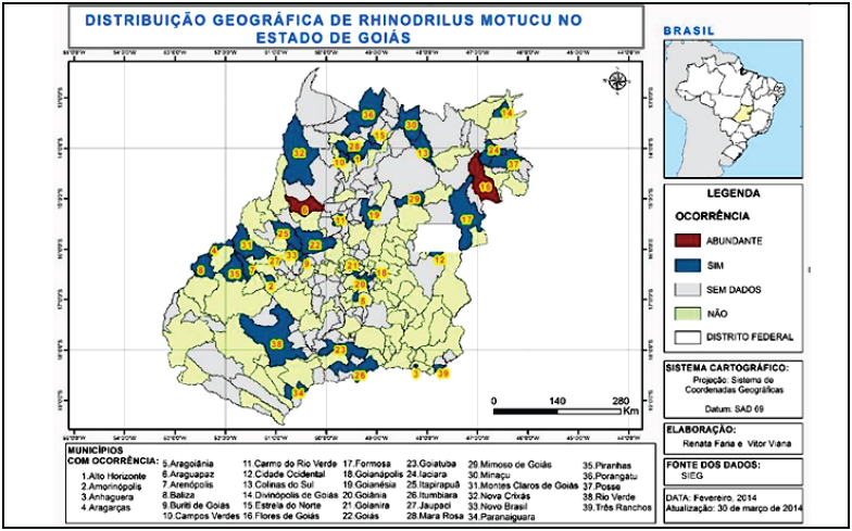 Distribuição geográfica potencial de Rhinodrilus motucu Righi no estado de Goiás