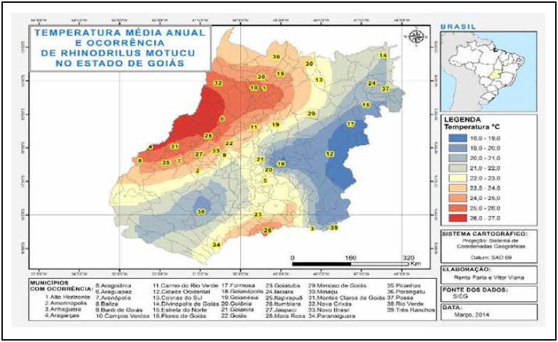 Mapa de temperatura
média anual do estado de Goiás