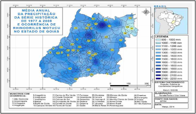 Mapa de precipitação média anual do estado de Goiás