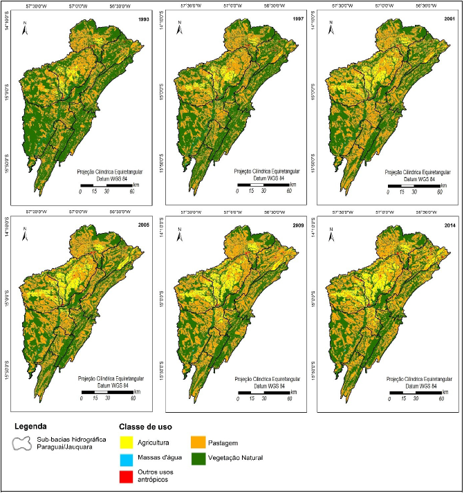 Mapa de uso da terra dos
anos de 1993, 1997, 2001, 2005, 2009 e 2014, das sub-bacias da BHPJ
