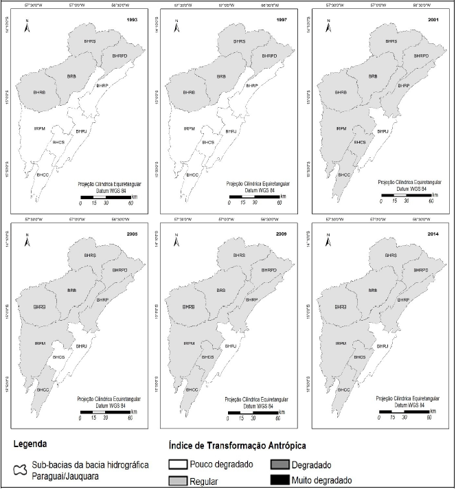 Mapa do Índice de
transformação antrópica para as sub-bacias da BHPJ