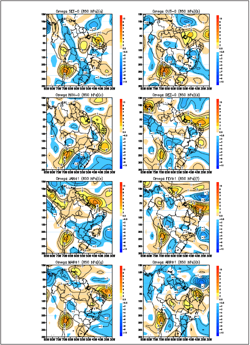 Composição de anomalias de movimento
vertical omega (850 hPa) baseada na média mensal relativa aos eventos de seca de 1982/83, 2004/05 e
2009/10 para os meses (a) setembro (SET-0), (b) outubro (OUT-0), (c) novembro (NOV-0), (d) dezembro (DEZ-0),
(e) janeiro (JAN+1), (f) fevereiro (FEV+1), (g) março (MAR+1) e (h) abril
(ABR+1). Os sufixos zero (0) e um (1) indicam, respectivamente, o ano anterior
e posterior do evento considerado.