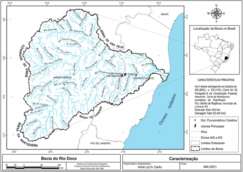  Localização da bacia hidrográfica do rio Doce e área de drenagem.  

Fonte:
Coelho (2007).