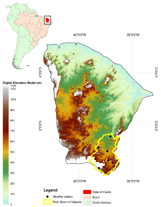 Salgado River Basin with the location of the stations used