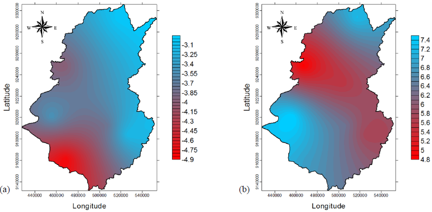  - Spatialization of RAI in the most extreme years:
1985 (a) and 1993 (b)