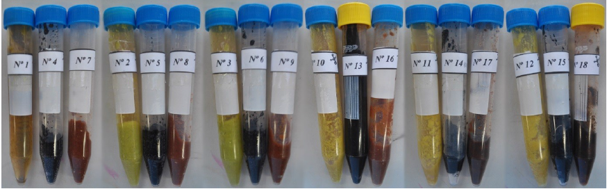  – Results from 1 to 9 (acid digestion at 25 ºC),
and results from 10 to 18 (acid digestion at 75 ºC) concerning the samples
subjected to nitric, sulfuric and hydrochloric acids, respectively, in the
three herein defined digestion times.