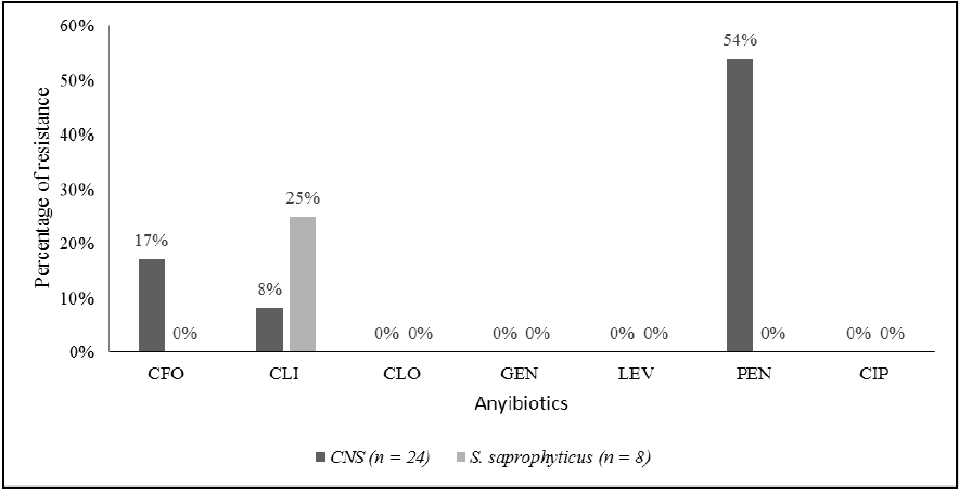 Frequency (%) of the resistance to antibiotics
presented by the Gram-positive bacteria found on the analyzed surfaces of a
hospital in the countryside of Rio Grande do Sul