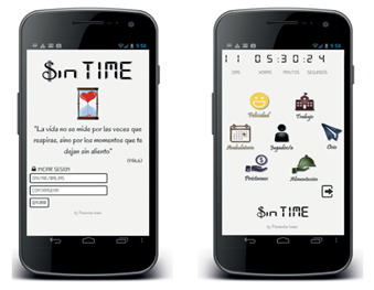 Pantalla de inicio y men principal de la app “$in TIME”
