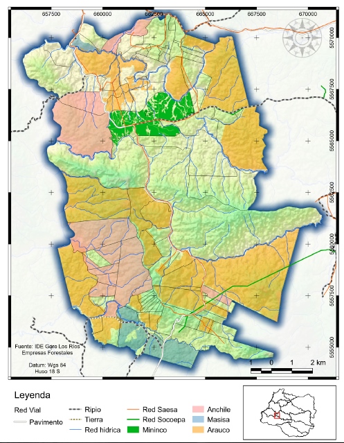 Mapa del sector La Plata-Los Ulmos con distribuci&oacute;n de faenas de empresas
forestales e infraestructura h&iacute;drica, el&eacute;ctrica y vial