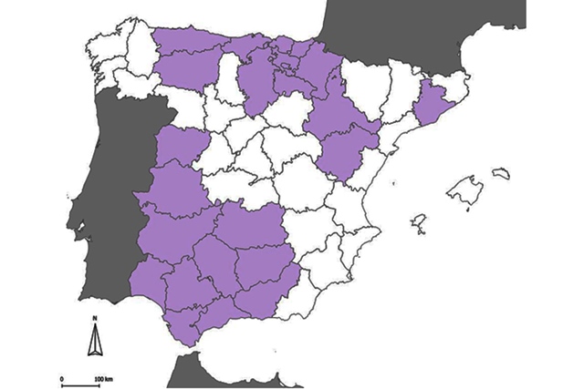Mapa con indicaci&oacute;n de las provincias donde se han encontrado
poblaciones de vides silvestres