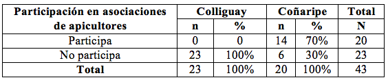 Participación en asociaciones de apicultores por localidad