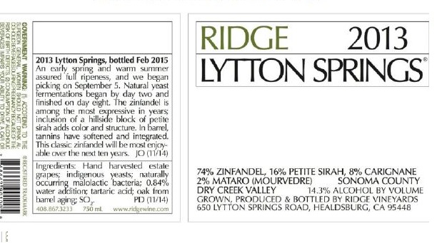 Etiquetado con ingredientes, composicin y detalles productivos del vino impulsado por Bonny Doon y Ridge Vineyards en Estados Unidos