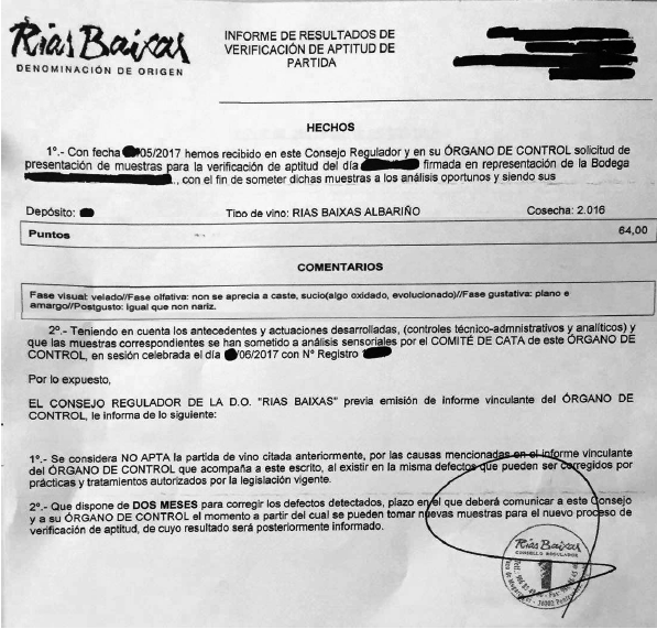 Carta de rechazo recibida por un terroirista de la DO R&iacute;as Baixas