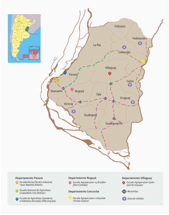 Localización de escuelas agropecuarias y departamentos donde se cultivaba vid.