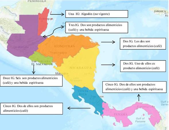 Importancia del caf&eacute; y bebidas espirituosas en las IG centroamericanas Figure 2. Relevance of coffee and spirits in Central American GIs