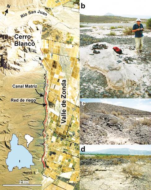 (a) Partial reconstruction of the Zonda irrigation system (in black, the Main canal and in red the irrigation system). (b) One of the authors (Oscar &ldquo;Tito&rdquo; Damiani) next to the remains of a irrigation ditch in the southern sector of the system. (c) Bifurcation in the Main canal; in the background, sector with retaining wall. d) Pond with a sluicegate in the middle sector