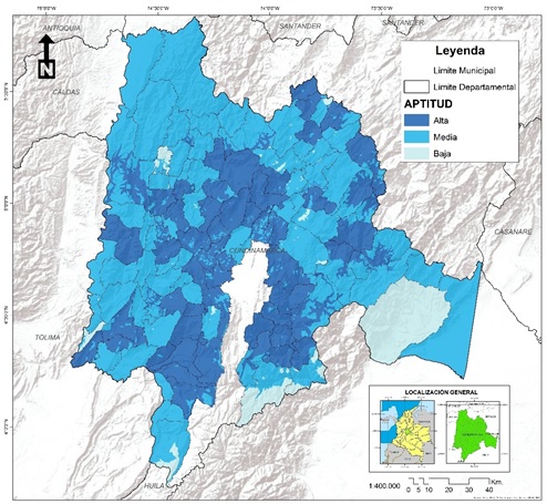 Figura 2. Salida cartogr�fica de la caracterizaci�n socioecon�mica de la aptitud del fr�jol en el departamento de Cundinamarca Figure 2. Cartographic output of the socioeconomic characterization of the aptitude of bean in Cundinamarca