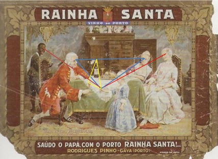 Linhas de for�a do esquema geom�trico da composi��o pict�rica, no cartaz &ldquo;Rainha Santa. Sa�do o pap�, com o Porto Rainha Santa!...&rdquo; Figure 2. Lines of force of the geometric scheme of the pictorial composition, on the poster &ldquo;Rainha Santa. Sa�do o pap�, com o Porto Rainha Santa!...&rdquo;