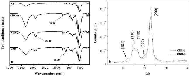  FTIR (a) spectra for paper and nanocellulosic materials and XRD (b) patterns for CNC-t and CNC-n. 