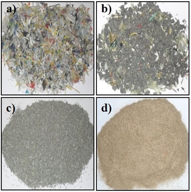  (a) PWH after first milling and removal of metals. (b) PWH after agglutination process (c) PWH after micronization. (d) Particles of Sugar cane fiber. 
