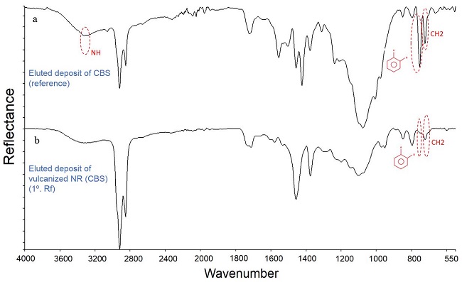  UATR spectra (after TLC, in toluene/acetone (45/65): (a) Eluted deposit of CBS (reference); (b) eluted deposit of vulcanized NR (CBS) (1º. Rf). 
