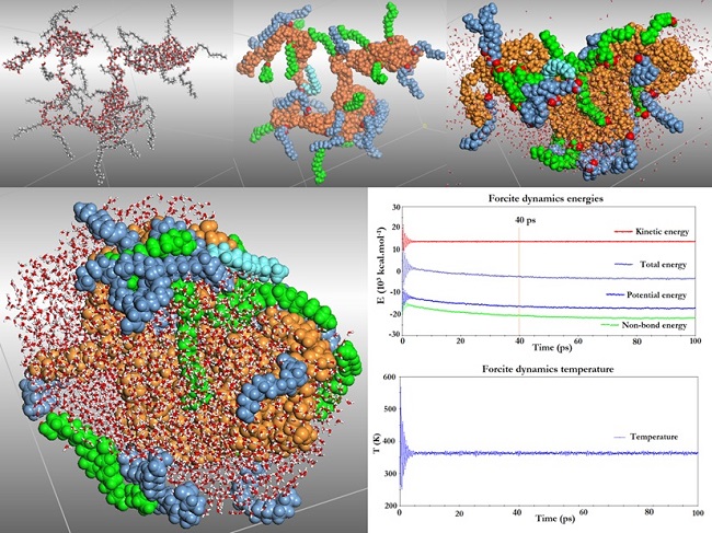  (Top) Initial system structure submitted for dynamics. Waters molecules were undisplayed for clarity. On the left, atoms are represented in stick and colored by elements colors - C, in grey; O, in red; H, in white. On the center, the similar image highlight compounds in CPK and different colors (amylose, in light orange; oleic, in medium blue; palmitic, in green, stearic, in light blue). (Top, right; down, left) Snapshots of dynamics trajectory, intermediate frame corresponding to 40 ps; last frame, 100 ps, when system was already coiled and water molecules were fully stabilized. Image shows the energetic optimized system to highlight the positions of fatty acids covering amylose chain and the solvent molecules distribution. Oxygen atoms of water molecules are colored in red. (Down, right) Snapshots of control graphics for Energy (kcal mol-1) vs. time (ps) and temperature (K) vs. time (ps). 