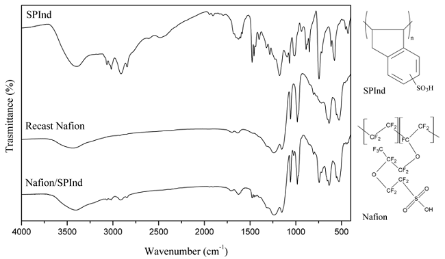 FT-IR spectra of recast Nafion, SPInd35 and Nafion/SPInd35 membranes.
