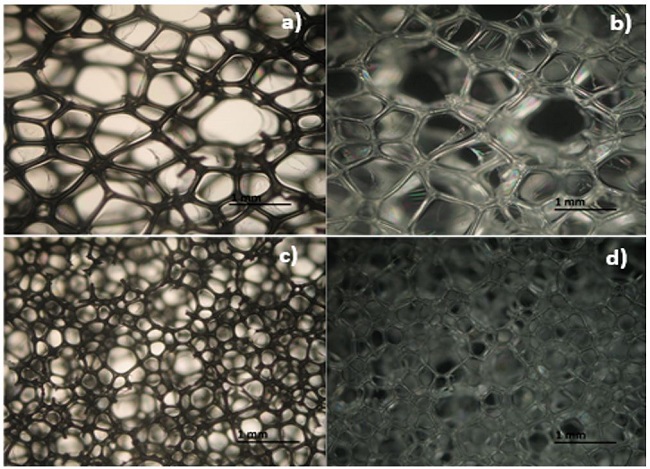  Composite images obtained by polarized light optical microscopy. Test 5 foam of the Table 2 seen in the microscope without crossed nicols (a) and under crossed nicols (b). Test 6 foam of the Table 2 seen in the microscope without crossed nicols (c) and under crossed nicols (d). 