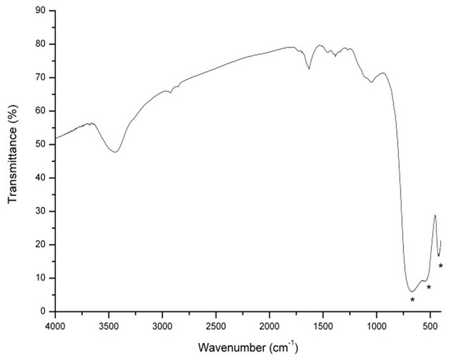 Transmission FT-IR spectrum of calcined residue of bicomponent fiber 3 denier PE/PP, KBr pellet (1:400mg). *Bands related to TiO2.
