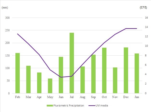 
              Climatic precipitation and Ultraviolet Index (UVI) in the city of Porto Alegre (2014-2015).
            