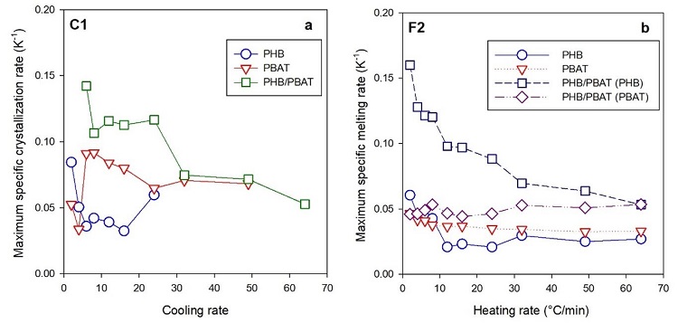 
            Specific melt crystallization (a) and melting (b) maximum rates for PHB. PBAT and for the 
            PHB/PBAT blend as functions of the cooling/heating rate.
          