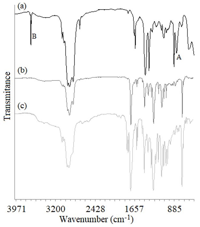 FTIR spectra of (a) R14-M, (b) RP01-T and (c) RP06-X products.