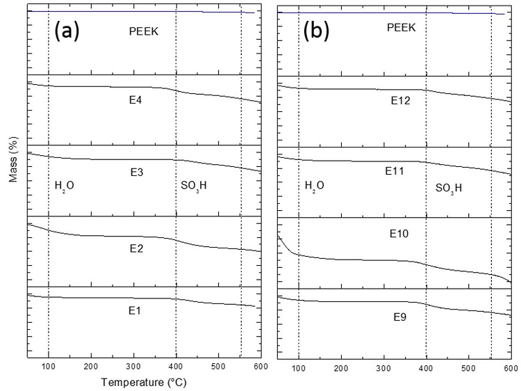 
              TGA curves of (a) PEEK, E1 to E4 samples; (b) PEEK, E9 to E12 duplicates.
            