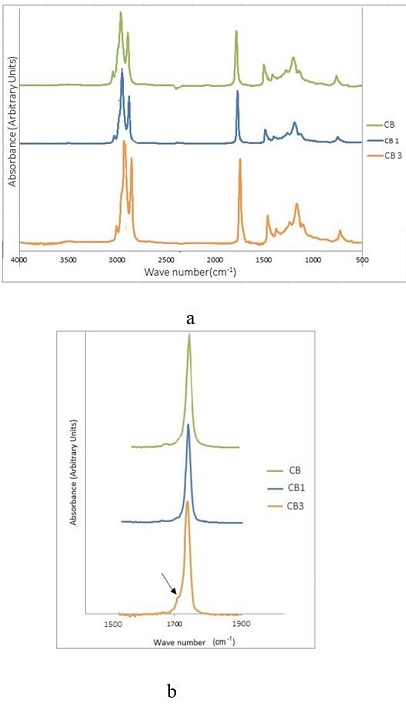 (a) FTIR spectra of clear oil lees at different periods of storage.CB, CB1 and CB3, without
storage, with 1 year and 3 years of storage, respectively; (b) Peak at 1750 cm-1
corresponding to the ester group and a peak at 1710 cm-1 corresponding to
acid groups in the clear oil lees.