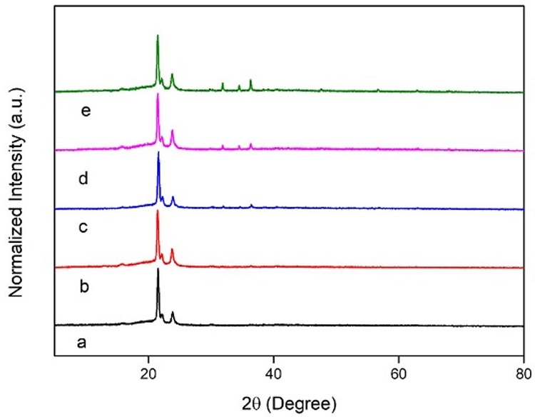  XRD pattern of (a) pure PCL-25 kGy; (b) PCL/ZnO 0.5%-25 kGy; (c) PCL/ZnO 1%-25 kGy; (d) PCL/ZnO 2%-25 kGy; (e) PCL/ZnO 5%-25 kGy. 