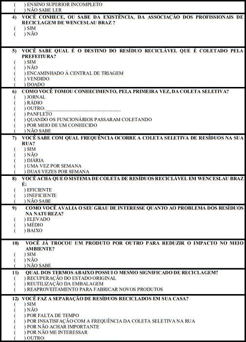 Questionário avaliativo sobre a coleta seletiva de RSU em Wenceslau Braz/PR, aplicado em dezembro de 2013.