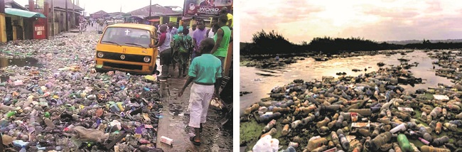 (a) Littered street with plastics; (b) River pollution with plastics