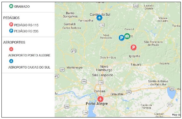 Localiza&ccedil;&atilde;o das Pra&ccedil;as de Ped&aacute;gio das Rodovias RS-235 e RS-115