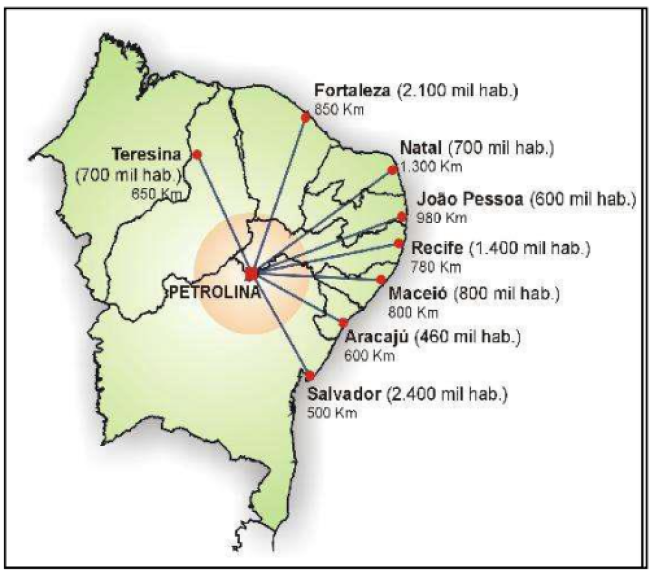 El Polo Petrolina-Juazeiro en relación a las capitales de la Región Nordeste