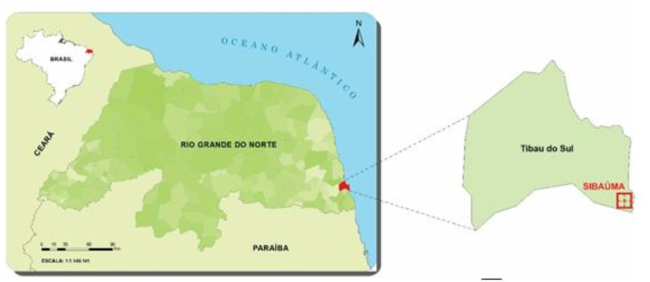 Localização Comunidade Sibaúma, Rio Grande do Norte, Brasil.