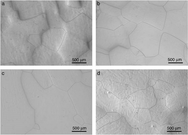 Optical microstructures of WQ specimens: (a) A1, (b) A2, (c) A3 and (d) A4.