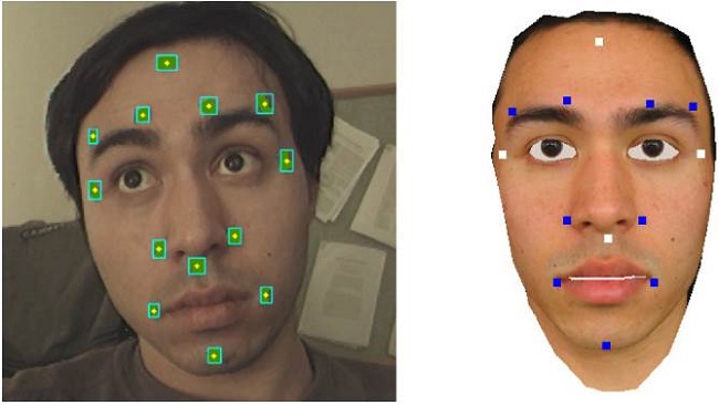 Marker placement on the face, for the real and virtual cases. White points on the virtual model indicate anchor markers: the forehead, to the outer side of the left and right eyes, and below the nose.