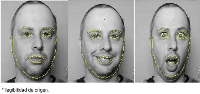 AAM tracking: test subject: Trevor. From left to right, showing AAM tracking results for a neutral, happy and surprise facial expressions.
