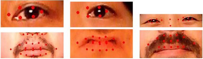 Examples of tracking errors with CLM-Z across four different sequences. Often the eyes are misaligned, facial hair confuses the size and location of the mouth, and the fine shape of the mouth is also lost.