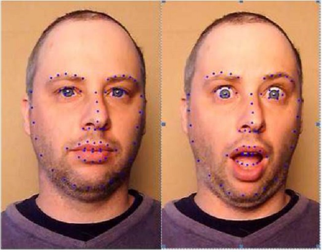 3D-CLM (CLM-Z) face feature detection: test subject: Trevor. From left to right, showing CLM-Z tracking results for a neutral and surprise facial expressions.