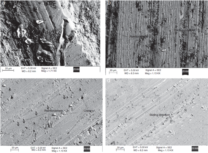 SEM of worn surface of (a) Al7075 10 wt.% flyash cenosphere,
									(b) Al7075 10 wt.% flyash cenosphere/2 wt.% graphite, (c) Al7075
									10 wt.% flyash cenosphere/4 wt.% graphite and (d) Al7075 10 wt.%
									flyash cenosphere/6 wt.% graphite.