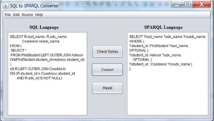 Conversion example of SQL query with nested Left Outer Join.