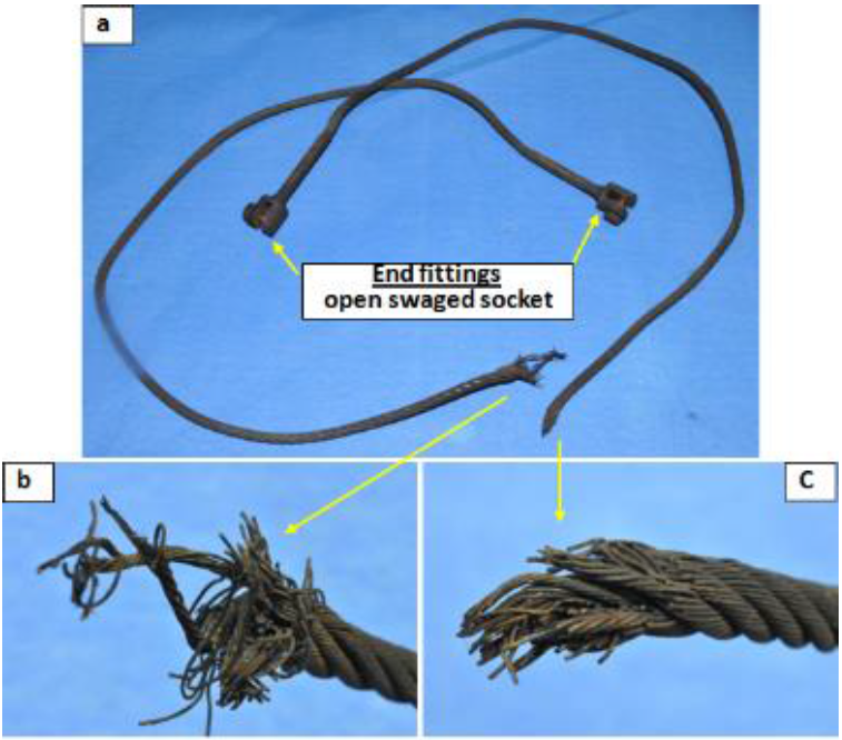 Photograph of failed wire rope: (a) as-reccived condition, (b) once
							end of the broken rope, (c) another end of the broken rope displays
							several wires unwound from its strands and loosens from their
							strands.